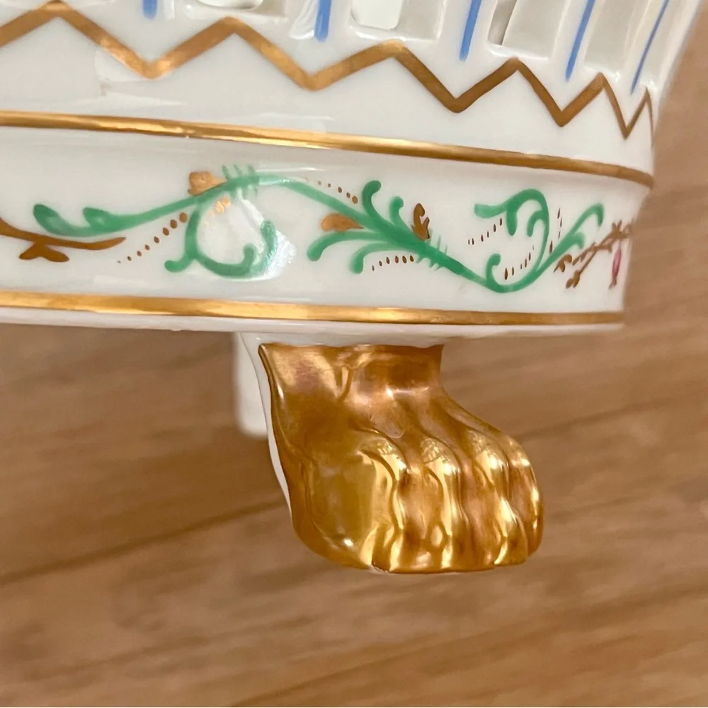 Vintage V.A Portugal Reticulated Gold Gilt Porcelain Lion Paw Footed Basket RARE
